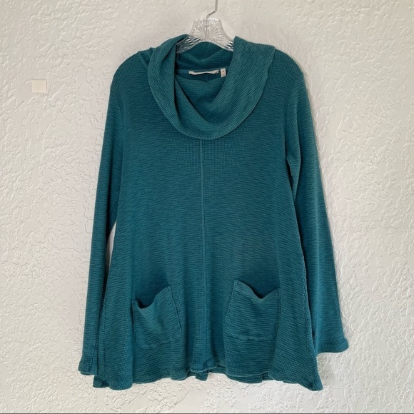 Soft Surroundings Tati Waffle Knit Cowl Neck Tunic Top Green Size M - Picture 2 of 8